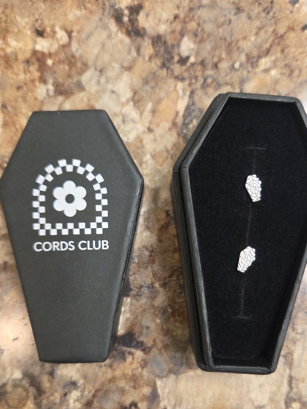 Cords Club Studs Of The Month September Silver Coffin With Spiderweb Detail